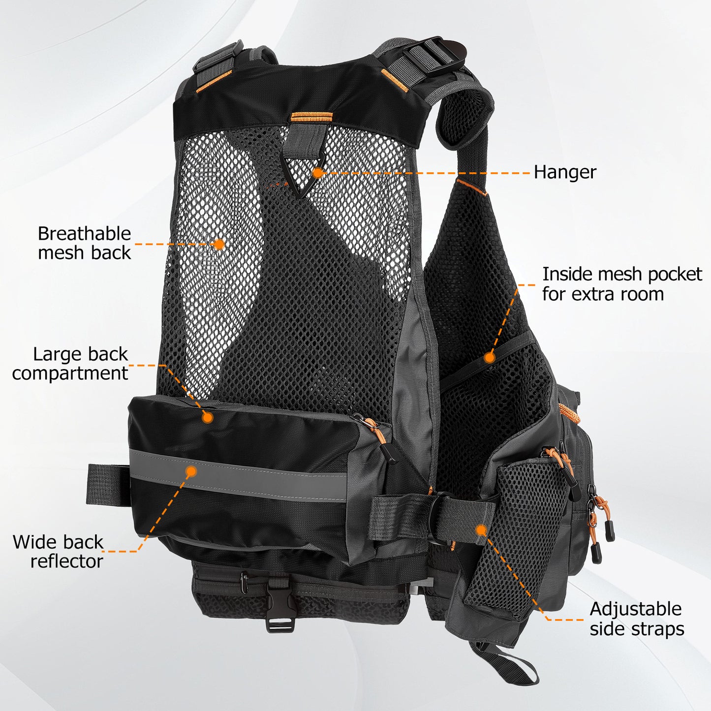 Fly Fishing Vest for Men Women, Comfortable Adjustable Fishing Vest with Multi-Pockets Reflective Stripes, Lightweight and Durable Unisex Strap Fishing Vest Pack, for Fly Bass Fishing,Black