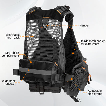 Fly Fishing Vest for Men Women, Comfortable Adjustable Fishing Vest with Multi-Pockets Reflective Stripes, Lightweight and Durable Unisex Strap Fishing Vest Pack, for Fly Bass Fishing,Black