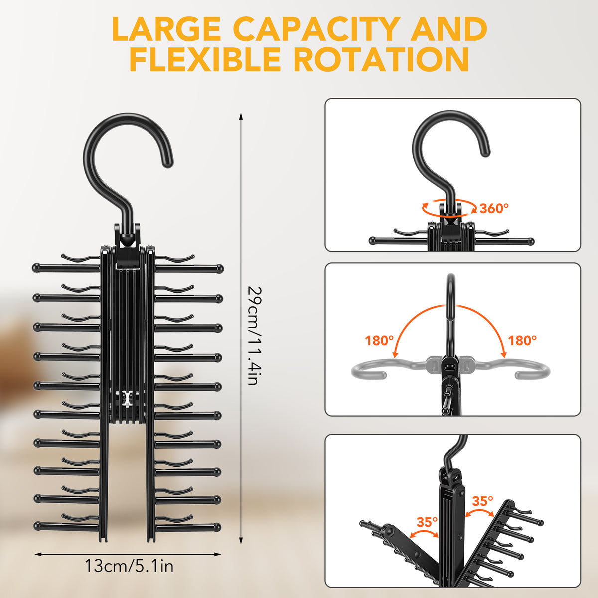 Tie Hanger Rack with 20 Hooks Non-Slip Clips,360 Degree Swivel,Space-Saving Tie Organizer for Closet Organizer for Ties,Belt,Scarves & Accessories