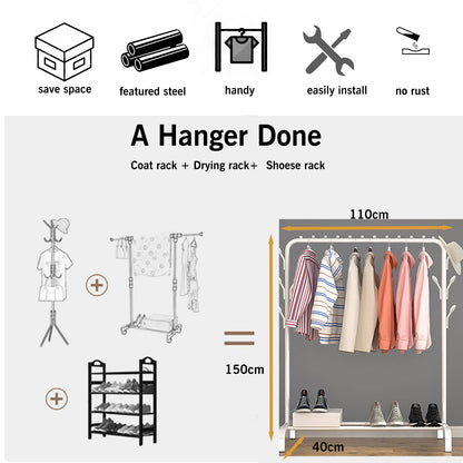 Clothes Rack Heavy Duty Clothing Garment Rack with 8 Hooks and Lower Storage Bedroom White