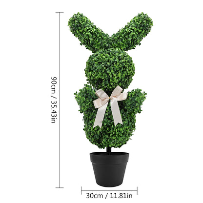 3ft Easter Shaped Topiary Trees, High Artificial Boxwood with Swaying Ears & Brown Bow Tie, for Indoor & Outdoor Decor