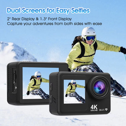 4K 30fps 16MP Action Camera with Front LCD and Rear Screens, Underwater Camera, 98FT Waterproof Sports Camera with 2 Batteries and Multi-Function Accessory, EIS, WiFi Remote Control, Black