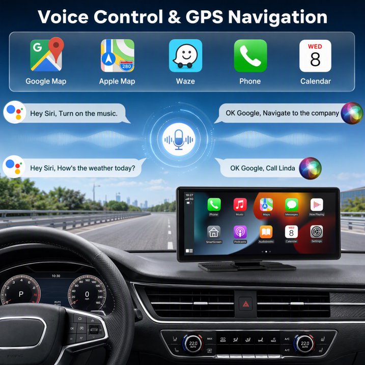 10.26" Portable Wireless CarPlay Screen for Car with 4K Dash Cam and 1080P Backup Camera, Wireless Car Play & Android Auto, OTA, Navigation, Voice Control, Mirror Link, Music Player