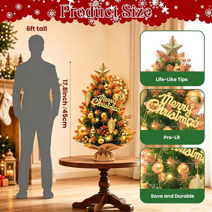 Mini Christmas Tree Tabletop Set with LED Lights, Artificial Small Christmas Tree with Star Treetop, Berries Pinecone, Ball Ornaments, DIY Xmas Decorations for Home Office and Indoor Festive Displays