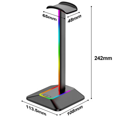 RGB Headphone Stand with 1 USB C Charging Port and 1 USB Charging Port, Non-Slip Rubber Base, Desk Gaming Headset Stand with 7 Light Modes for All Earphone Accessories, Black