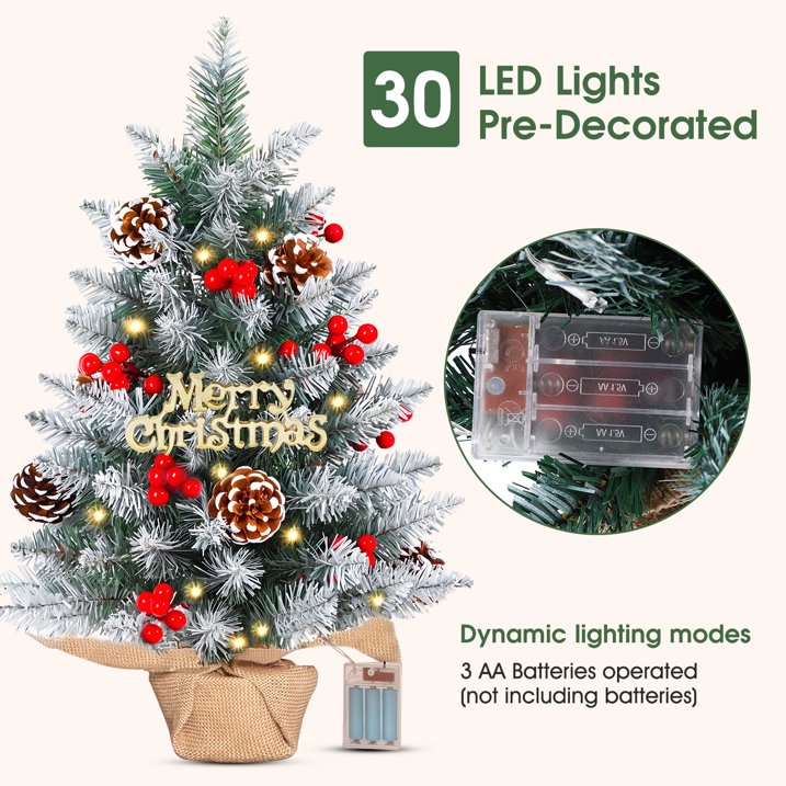 Mini Artificial Xmas Tree Set Small Tabletop Xmas Tree with Red Berries Pine Cones Lights Holiday Home Decoration