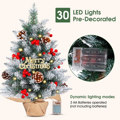 Mini Artificial Xmas Tree Set Small Tabletop Xmas Tree with Red Berries Pine Cones Lights Holiday Home Decoration