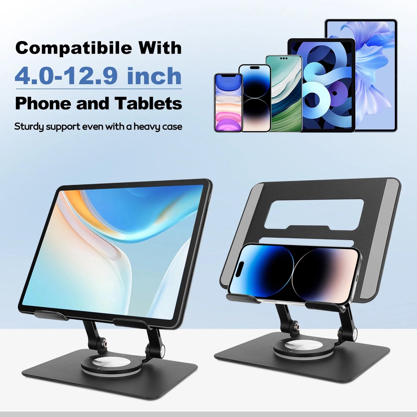 Tablet Stand for Desk, Adjustable Tablet Holder for iPad Holder Dorm College Essentials Portable 360 Rotating Display Stand PC Office Accessories, Compatible with 4-12.9" iPad Tablet iPhone, Black