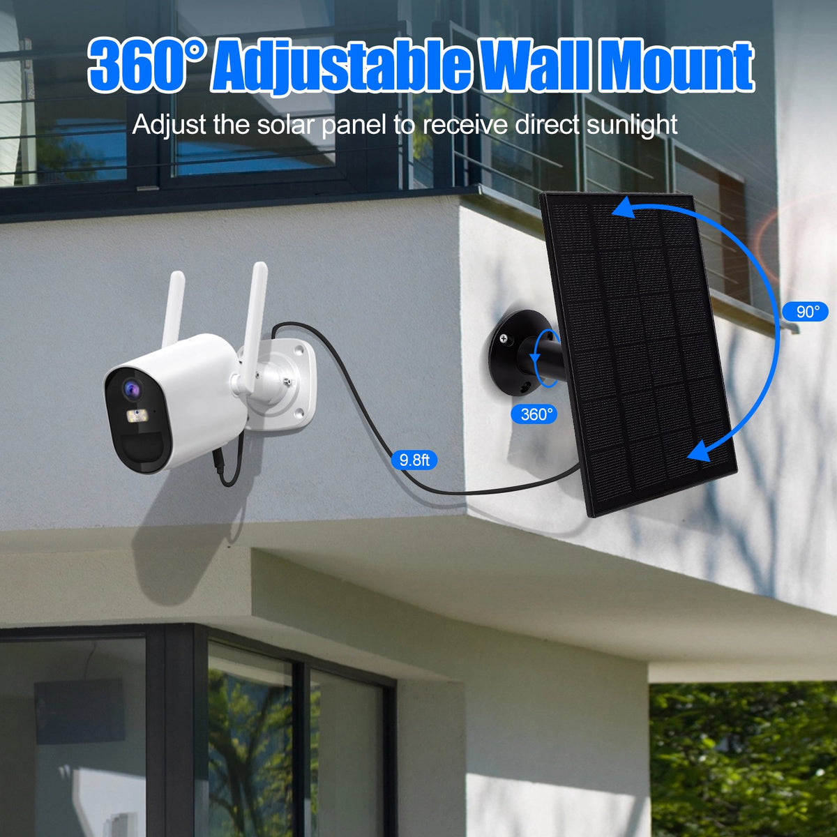 8W Solar Panel Charger, Solar Panel with Micro USB & USB C Port for DC 5V Outdoor Rechargeable Battery Camera, IP66 Waterproof, 360° Adjustable Security Mount, Black