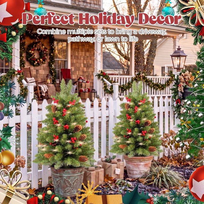 2 Pack 30 inch Prelit Outdoor Christmas Tree, Small Pre-Decorated Green Xmas Tree with Cones & Red Berries, 30 Warm Lights, Urn Filler Holiday Decor for Entrance Driveway, Yard, Garden