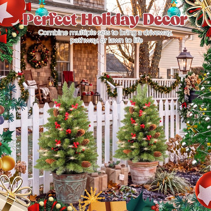 2 Pack 30 inch Prelit Outdoor Christmas Tree, Small Pre-Decorated Green Xmas Tree with Cones & Red Berries, 30 Warm Lights, Urn Filler Holiday Decor for Entrance Driveway, Yard, Garden