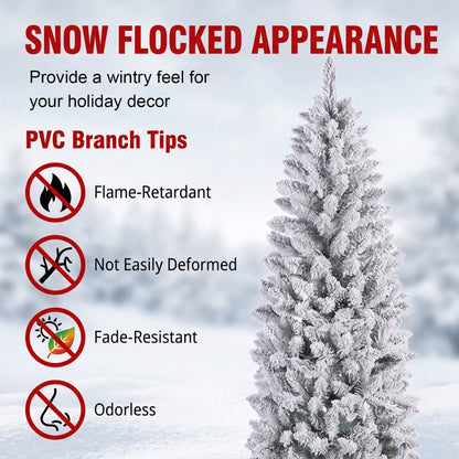 7ft Prelit Snow Flocked Artificial Hinged Slim Pencil Christmas Tree with Warm White Lights, Flocked Pencil Spruce Tree for Christmas Holiday