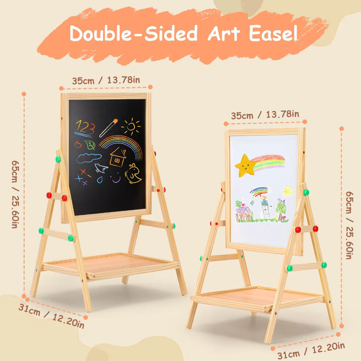 Painting Wooden Art Easel for Kids, 2-in-1 Double-Sided Drawing Board, Chalkboard & Dry Whiteboard with Markers, Eraser, Magnetic Letters/Numbers, Standing Easel Set for Xmas Birthday Holiday Gifts