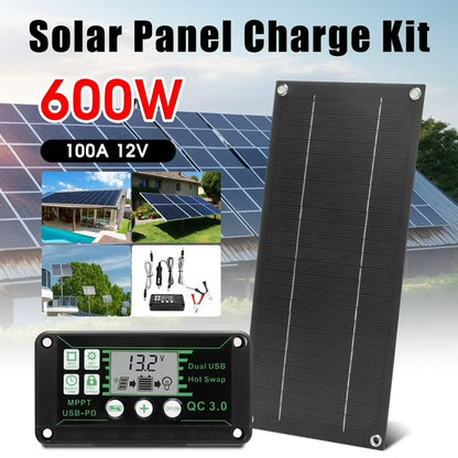 600W Solar Panel Kit, 12V 100A Solar Charge Controller Dual USB Outputs Portable Waterproof Solar Panel Set for Boat Camping Motorcycle Home Outdoor Lights RV Camera Generators, Black