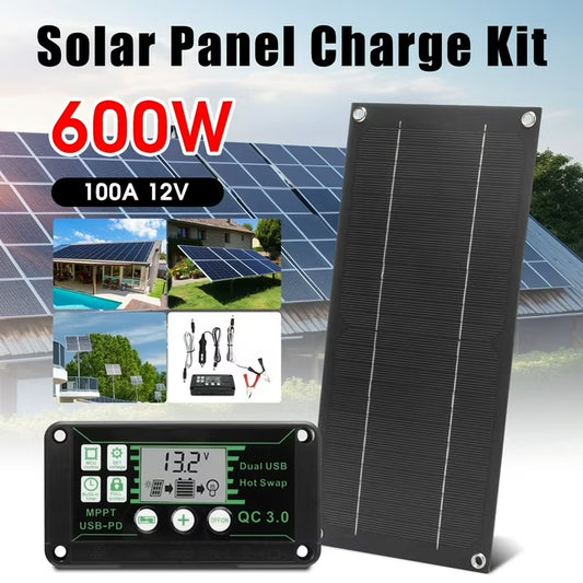 600W Solar Panel Kit, 12V 100A Solar Charge Controller Dual USB Outputs Portable Waterproof Solar Panel Set for Boat Camping Motorcycle Home Outdoor Lights RV Camera Generators, Black