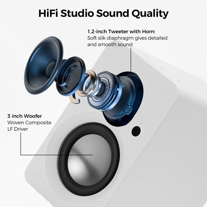 50W Powered Bookshelf Speakers, Bluetooth 5.3 Active Desktop Speakers with 3 inch Woofer, SUB OUT for External Subwoofer, ARC/Type C/AUX Inputs, Remote Control for TV PC Turntable, White