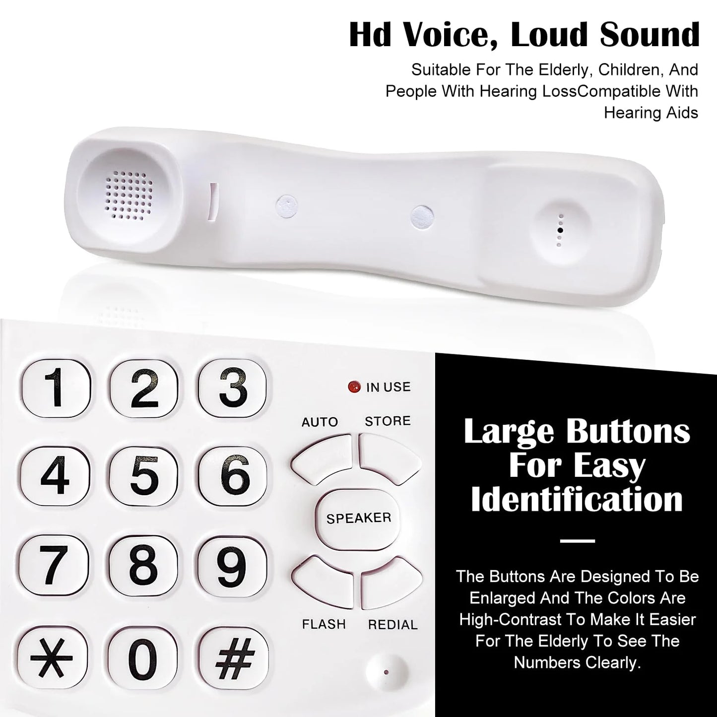 Big Button Telephone, Easy To Read Amplified Photo Memory Corded Landline For Seniors Elderly