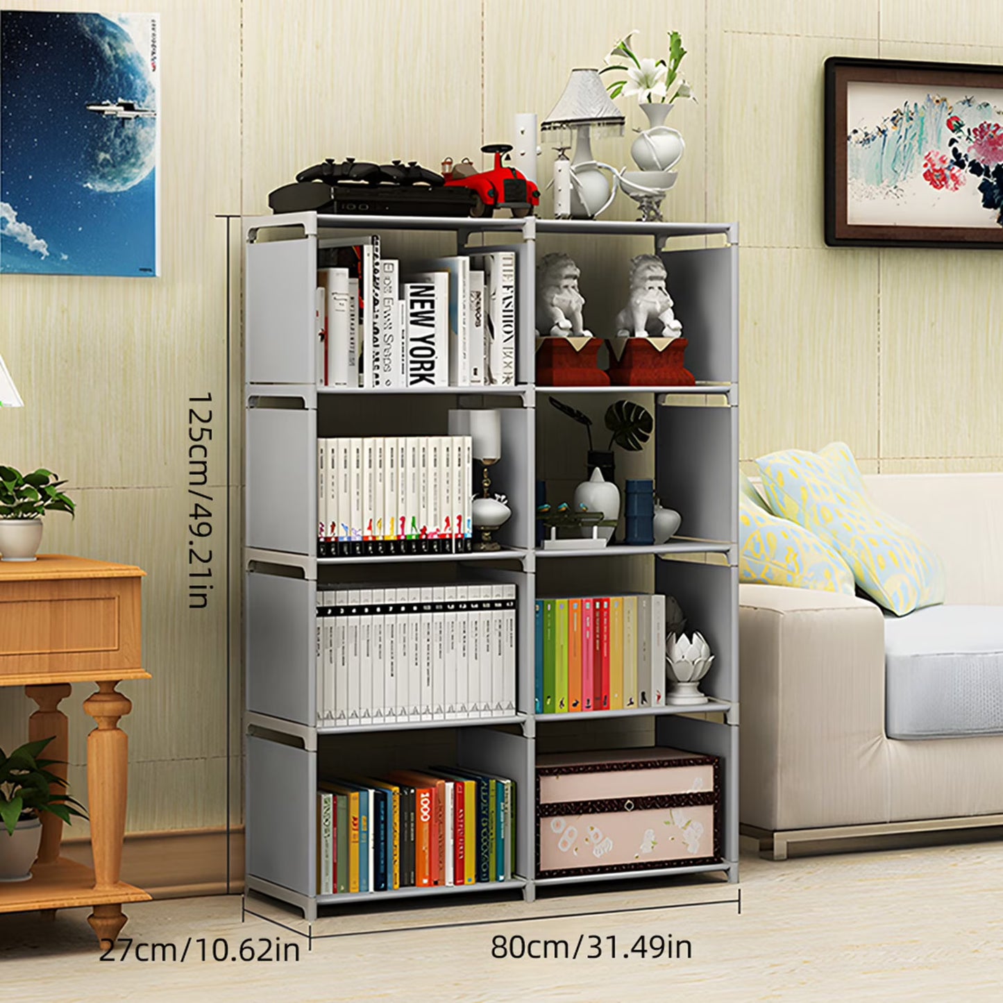 5 Tier 8 Cubes Portable Bookcase Storage Shelves Adjustable Storage Organize for Home Office Bedroom Study,Gray