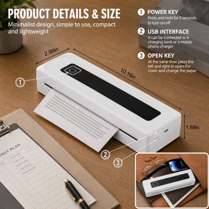Bluetooth Thermal Printer, Portable Printer Wireless for Travel,Office&School, Includes Rolls Paper – Supports US Letter,A4 Thermal Paper, Inkless Printing, Compatible with iOS,Android & Laptops