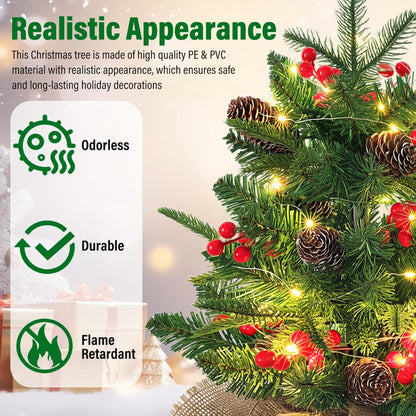 Mini Christmas Tree with LED Lights, 18 inch Small Xmas Tree with Red Berries & Pinecone, Easy Setup Table Decorations for Home, Office, Dining Table and Indoor Festive Displays