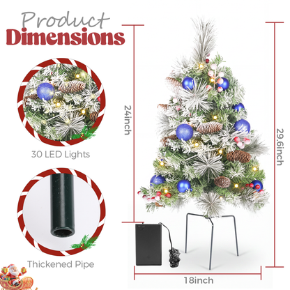 2 Pack 30 inch Prelit Outdoor Pathway Christmas Tree with LED Lights, Battery Operated Snow Flocked Christmas Tree with Pine Needles Cones Balls & Berries, Frosted Urn Filler for Porch Yard Decor
