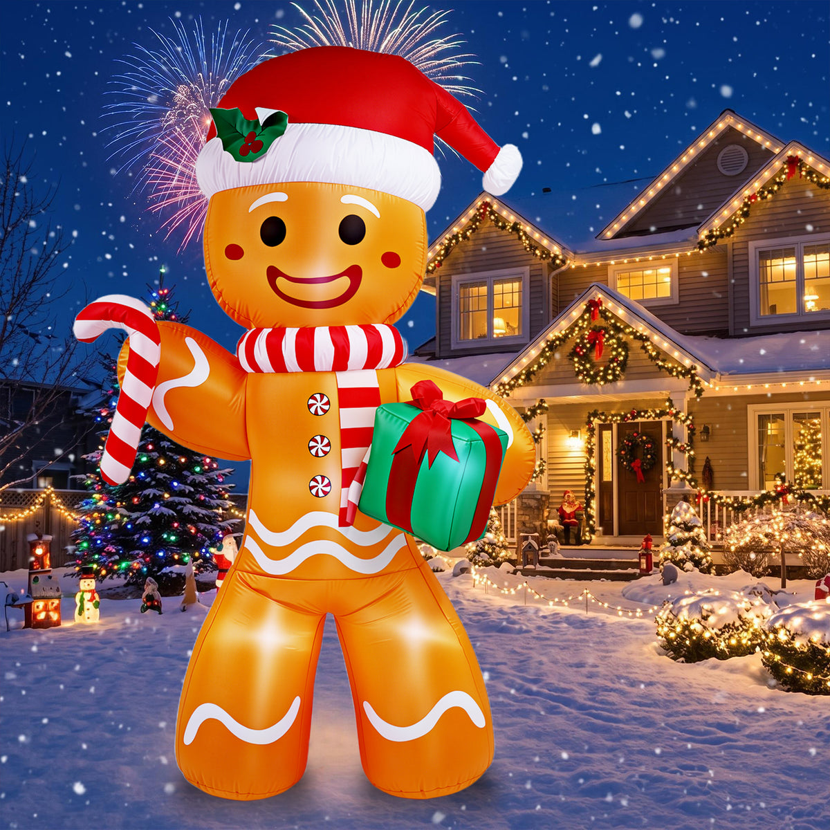 8FT Christmas Inflatable Gingerbread Man, Christmas Blow Up Yard Decorations with Build-in LEDs, Inflatable Christmas Decorations Outdoor for The Yard, Lawn, Garden