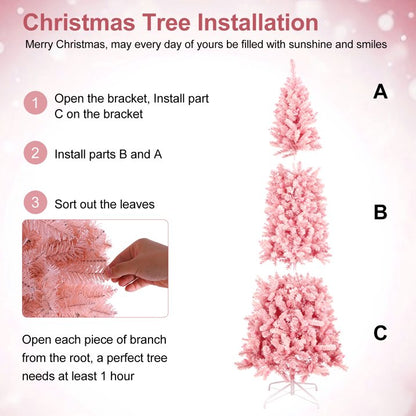 6ft Pink Artificial Pencil Christmas Tree, Unlit Slim Xmas Tree with 660 PVC Tips & Foldable Metal Stand, Full Shape, Easy to Assemble for Home Office Party Holiday Display Decoration