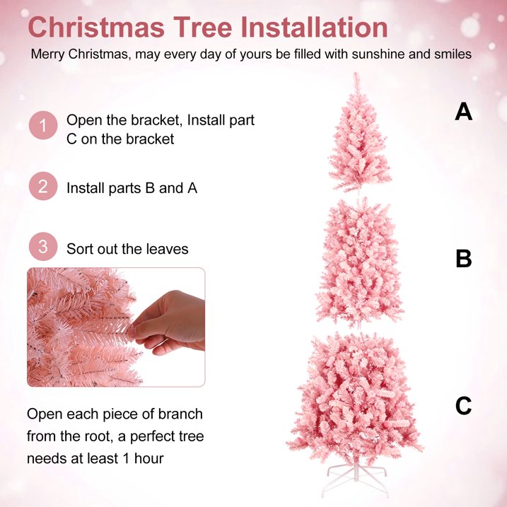 7ft Pink Pencil Christmas Tree, 840 Branch Tips with Sturdy Metal Stand Hinged Unlit Slim Artificial Xmas Tree Design for Holiday Decoration in Home, Office and Party Spaces