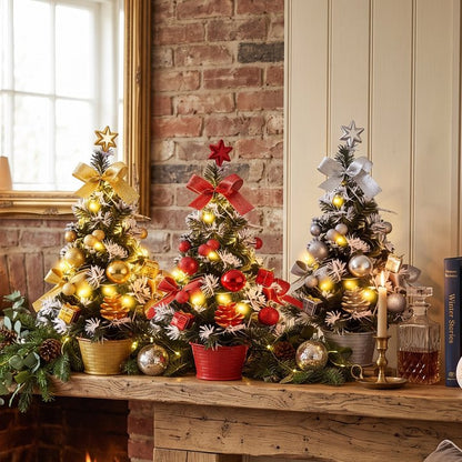 3 Pack Pre-lit Mini Christmas Tree, 16inch Snowy Flocked Tabletop Small Artificial Christmas Tree with 30 LED Lights, Berries Ball Ornaments, Perfect for Home Kitchen Desk Holiday Xmas Decorations