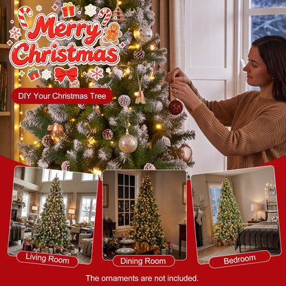 6ft Artificial Xmas Tree Realistic Fire Proof PVC Snow Flocked Xmas Tree with Pinecones String Lights Dense Branches for Home Holiday Decor