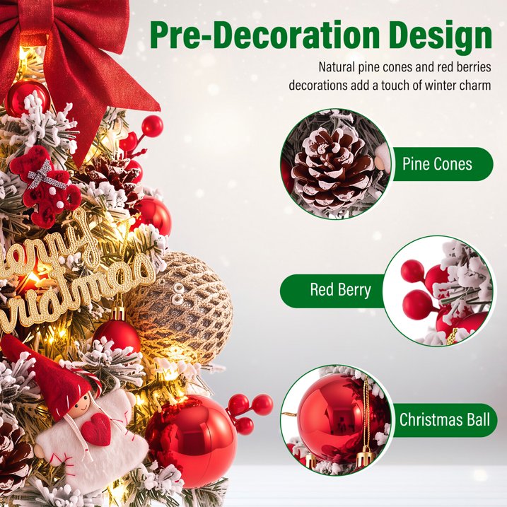 45cm Snow Flocked Mini Xmas Tree with Lights/Base Pinecones Red Berries Artificial Tabletop Xmas Tree for Festive Home Decor Red