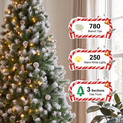 6ft Artificial Xmas Tree Realistic Fire Proof PVC Snow Flocked Xmas Tree with Pinecones String Lights Dense Branches for Home Holiday Decor