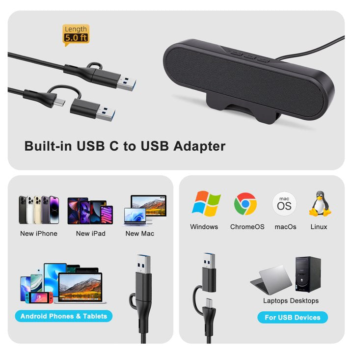 Computer Speakers for Desktop Monitor, Stereo USB Powered Speaker Bar, Deep Bass Soundbar for PC, Laptop Speaker w/ Loud Sound, Volume Control Easily Clamps to Monitors, Included USB C Adapter, Black