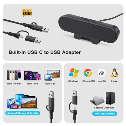 Computer Speakers for Desktop Monitor, Stereo USB Powered Speaker Bar, Deep Bass Soundbar for PC, Laptop Speaker w/ Loud Sound, Volume Control Easily Clamps to Monitors, Included USB C Adapter, Black