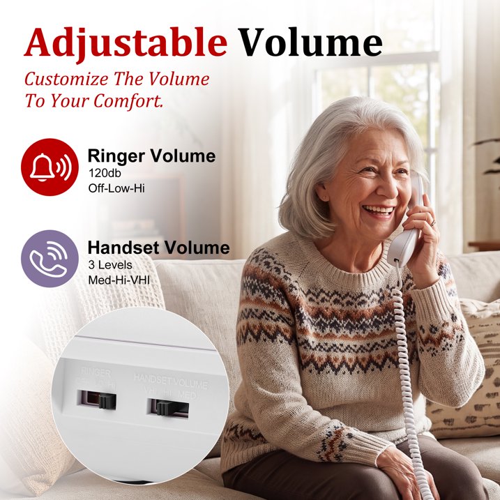 Big Button Phone for Seniors, Corded Landline Telephone w/ Handsfree Function and 9 Groups of Memory, One-Touch Dialling, 110dB Ringer, LED Flash, Suitable People with Vision Disorders/Hearing Damage