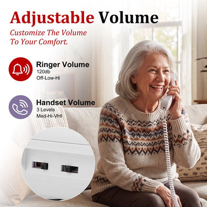 Big Button Phone for Seniors, Corded Landline Telephone w/ Handsfree Function and 9 Groups of Memory, One-Touch Dialling, 110dB Ringer, LED Flash, Suitable People with Vision Disorders/Hearing Damage