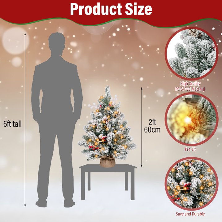 Small Xmas Tree Warm Light LED String Flocked Snow Decor Artificial Desktop Xmas Pine Tree for Home 60cm / 23.6in