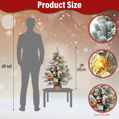 Small Xmas Tree Warm Light LED String Flocked Snow Decor Artificial Desktop Xmas Pine Tree for Home 60cm / 23.6in