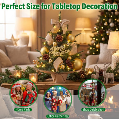 Mini Christmas Tree Tabletop Set with 30 LED Lights, 18 inch Artificial Xmas Tree with PineCones Berries Bows Balls & Gift Boxes Ornaments, Perfect DIY Xmas Decorations for Holiday Home Kitchen