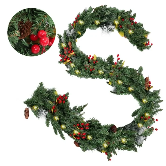 9FT Pre-Lit Artificial Christmas Garland, Green, Wintry Pine, White Lights, Decorated with Pine Cones, Berry Clusters, Plug In, Christmas Collection
