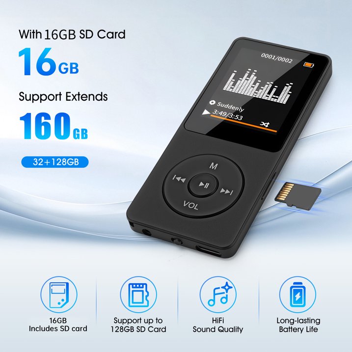 16GB MP3 Player with Bluetooth 5.3, HiFi Music Player Built-in Speaker & Headphone Jack, Expandable 128GB, Portable Digital Audio Player w/ E-Book, Voice Recorder, Clock for Sports, Commute, Gifts
