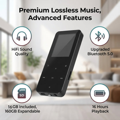 Portable MP3 Player 16GB, with Bluetooth 5.0, Music Player with Built-in HD Loudspeaker, HiFi Lossless Sound, E-Book Reader, Earphones Included, Voice Recorder