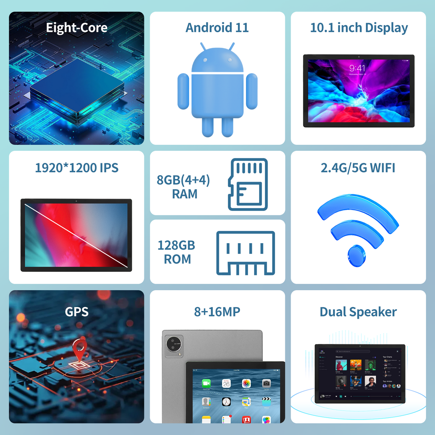 10.1 inch Tablets 8GB RAM 128GB ROM 512GB Expand Android 11 Tablet for Kids, 1920x1080 HD Touch Screen, 8MP+16MP Dual Camera, 7000mAh Battery, 8-Core Processor, WiFi Bluetooth, Gray