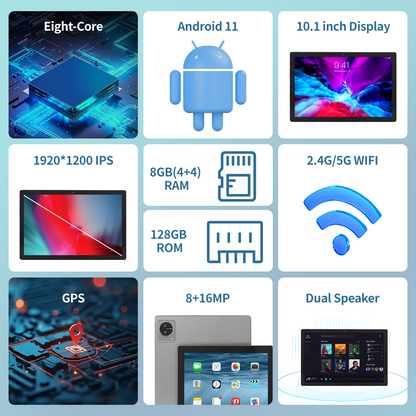 10.1 inch Tablets 8GB RAM 128GB ROM 512GB Expand Android 11 Tablet for Kids, 1920x1080 HD Touch Screen, 8MP+16MP Dual Camera, 7000mAh Battery, 8-Core Processor, WiFi Bluetooth, Gray