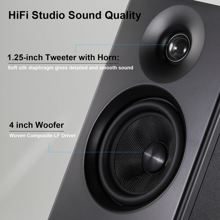 80W Powered Bookshelf Speakers, Bluetooth 5.3 Active Computer Speakers with 1" Silk Dome Tweeters & 4" Woofers, ARC/AUX/Optical/USB, Adjustable Bass & Treble, Wood Finish for TV PC Gaming Turntable