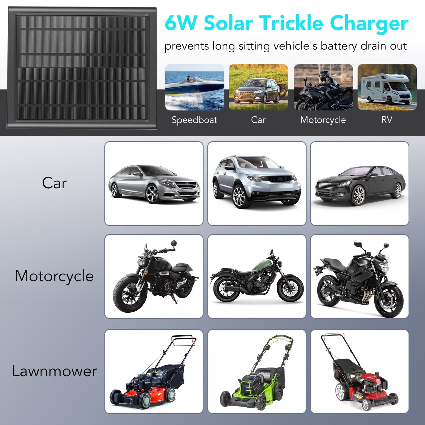 Upgraded 6W Solar Battery Trickle Charger Maintainer, 16V Portable Waterproof Solar Panel Trickle Charging Kit for Car, Automotive, Motorcycle, Boat, Marine, RV, Trailer, Snowmobile, etc