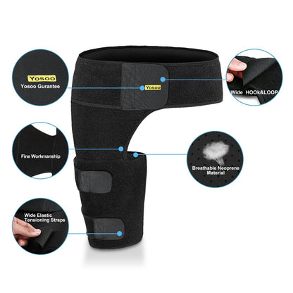 Hip Brace Thigh Compression Sleeve Hamstring Support Wrap Adjustable Neoprene Groin Wrap Great for Running, Sports, Groin Pulls, Pulled Muscles, Sciatic Nerve Pain Relief, Hip Flexor for Men Women