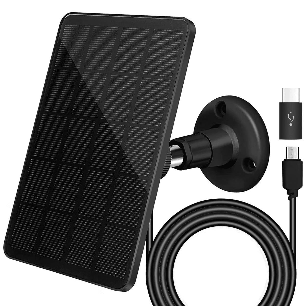 6W Solar Panel Charger, Solar Panel with Micro USB & USB C Port for DC 5V Outdoor Rechargeable Battery Camera, IP66 Waterproof, 360° Adjustable Security Mount, Black