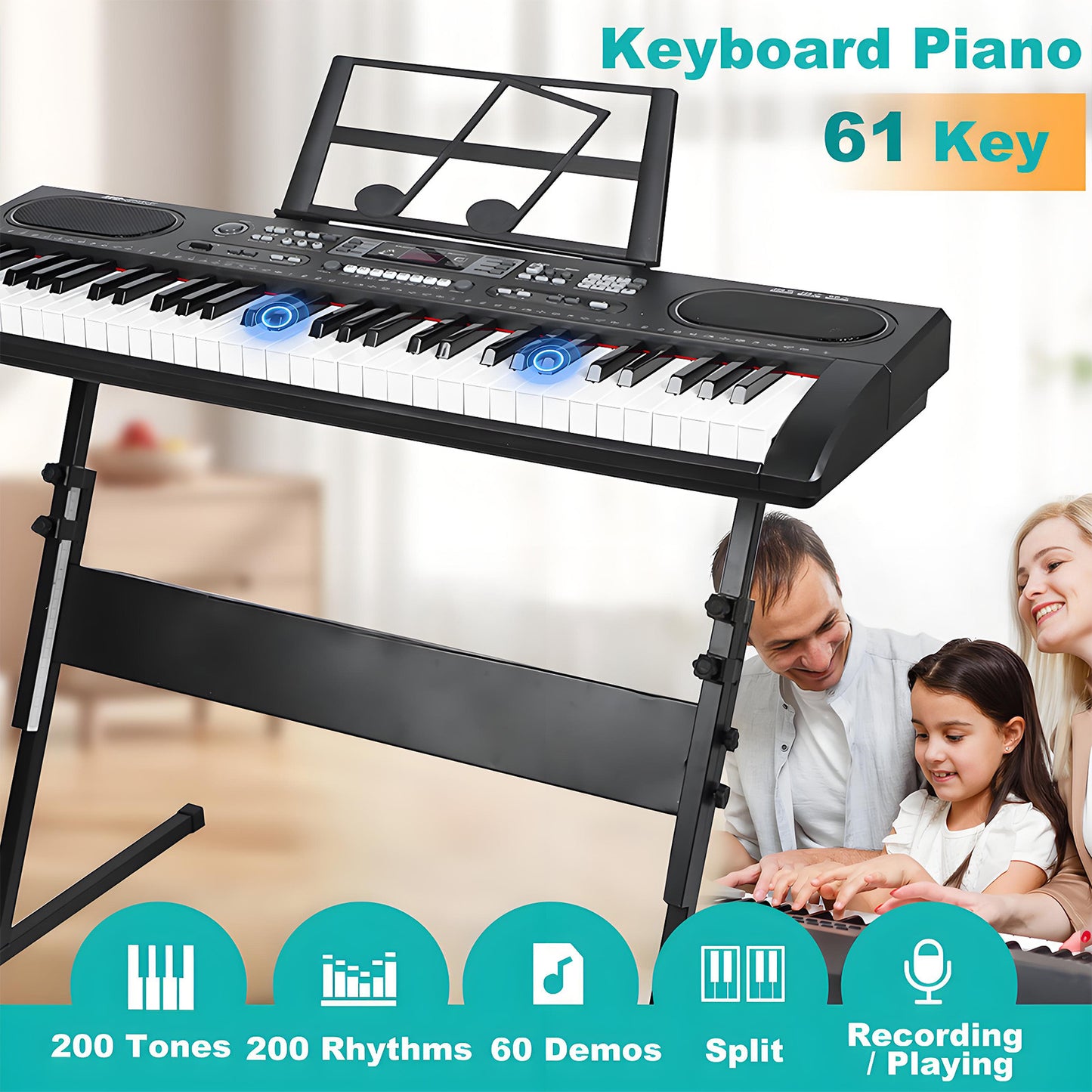 61 Key Keyboard Piano, Upgraded Kids Keys Piano Keyboard for Beginners, Portable Electronic Digital Piano with Built-in Dual Speaker, Microphone and Music Stand, Birthday Gift for Boys Girls Age 3-12