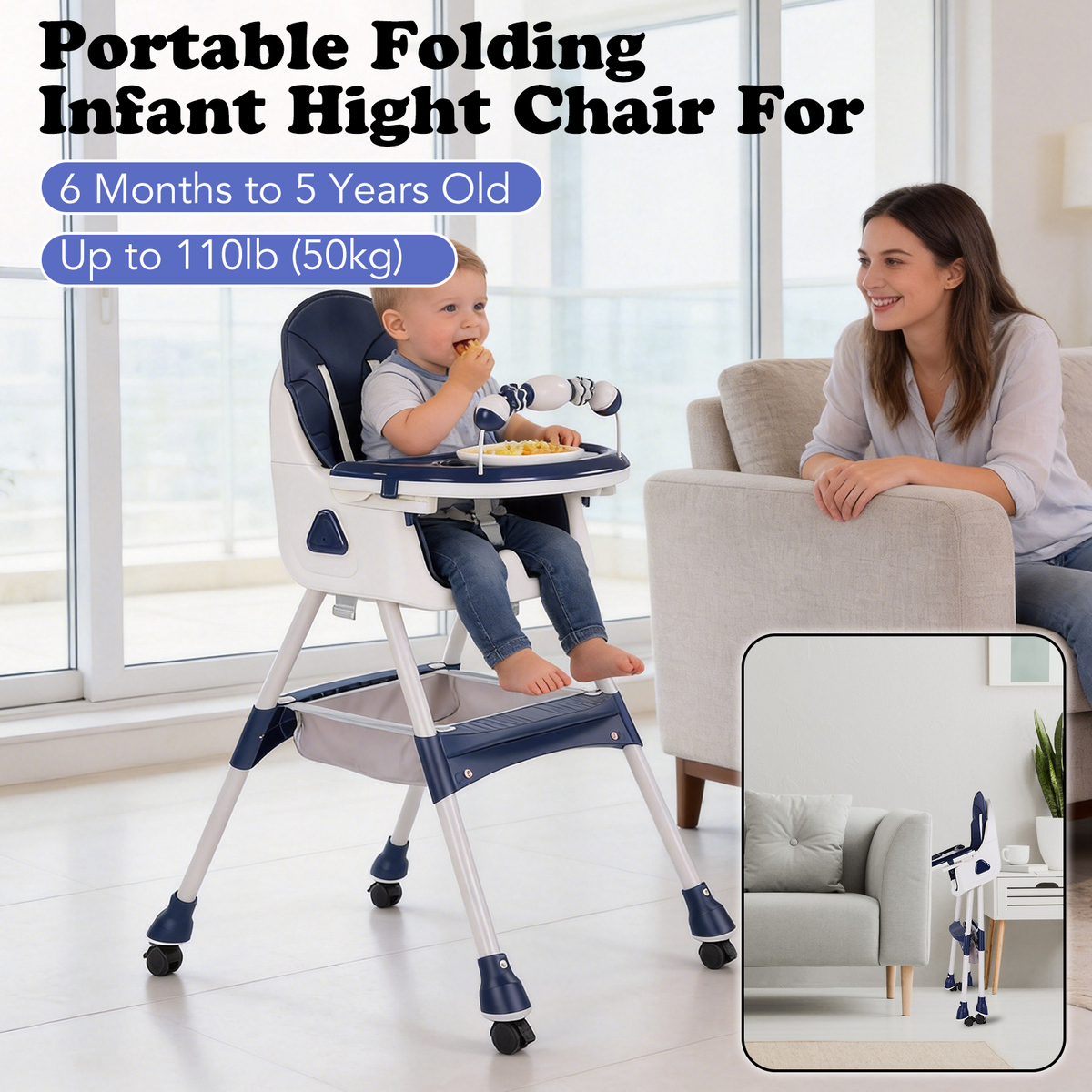 Baby High Chair, Convertible 6 in 1 Feeding Chairs for Babies and Toddlers, Foldable Baby Highchair, Adjustable Dining Tray, Backrest & Height, Blue